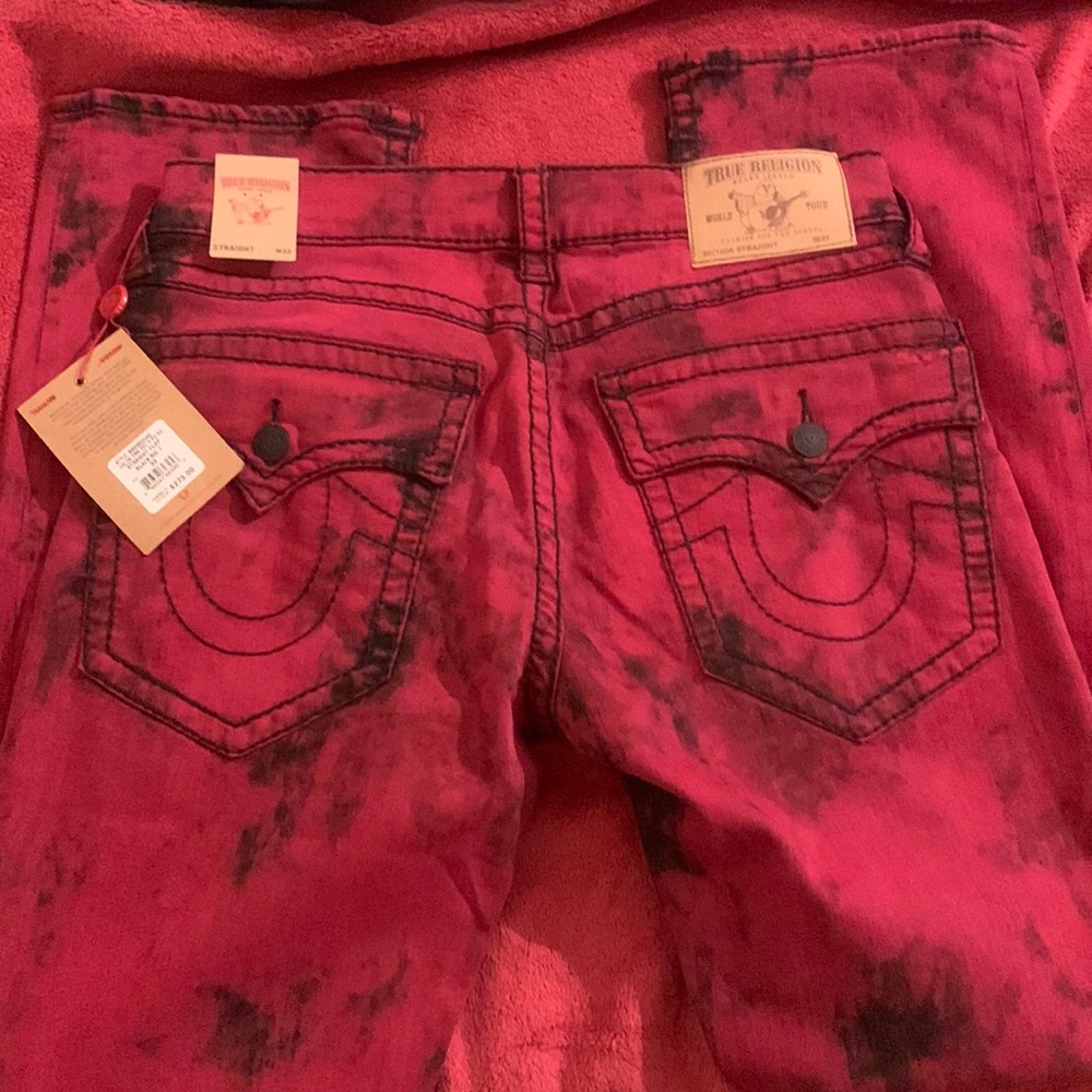Red and black true religion pants